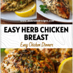 Golden baked herb chicken breast garnished with lemon wedges and parsley on a clean white plate.